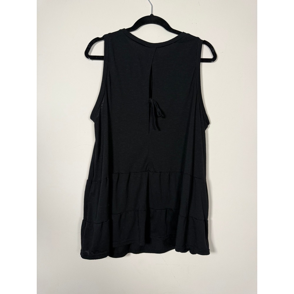 Womens Black Tiered Babydoll Tank Top Sleeveless Keyhole Back Slub Knit - Picture 2 of 14